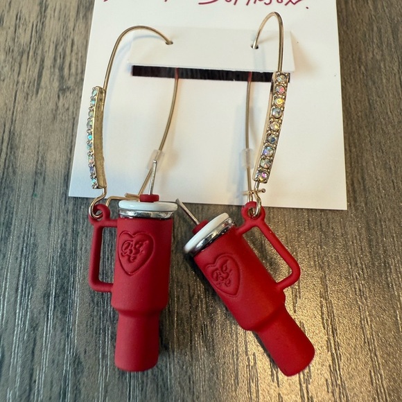 Betsey Johnson Red Tumbler Cup Leverback Rhinestone Earrings NWT Coffee Fun - Picture 3 of 5